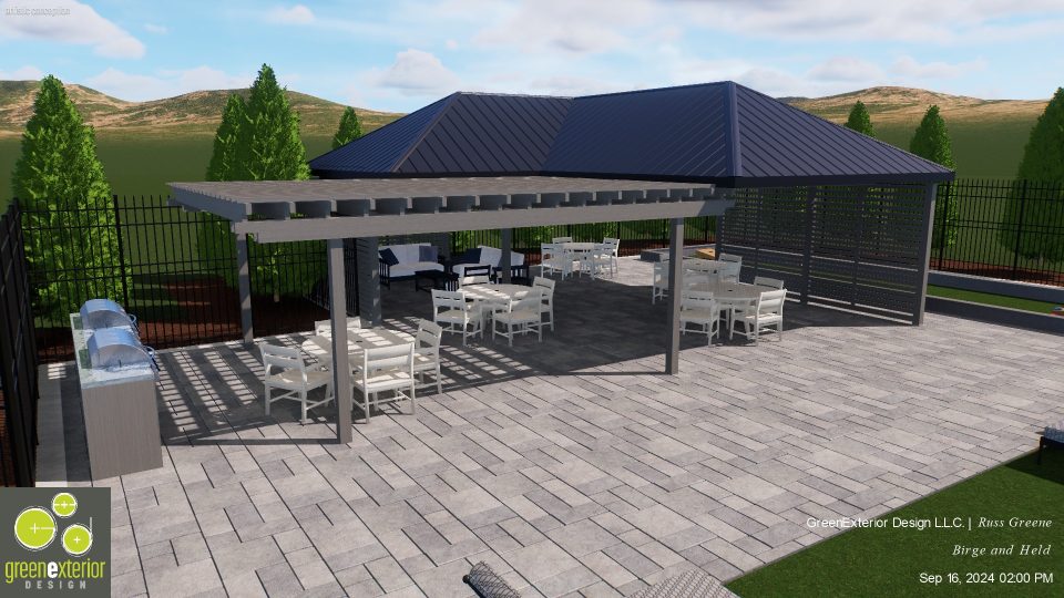 a rendering of a patio with a pergola at The Edgewater